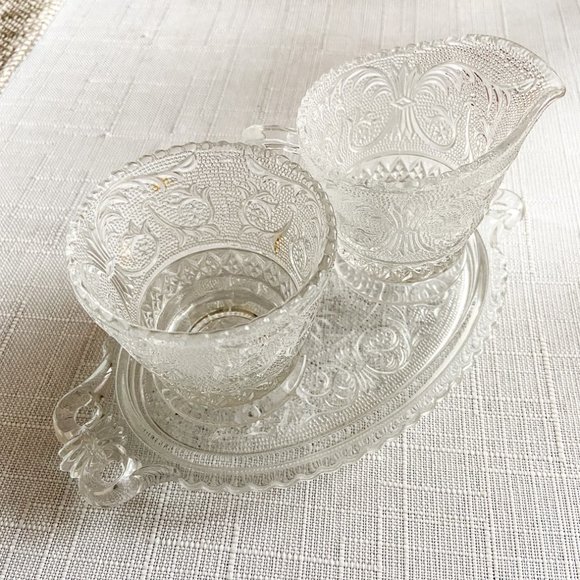 Vintage Duncan Miller Sandwich Glass Creamer & Sugar Bowl with Tray EUC - Picture 1 of 2